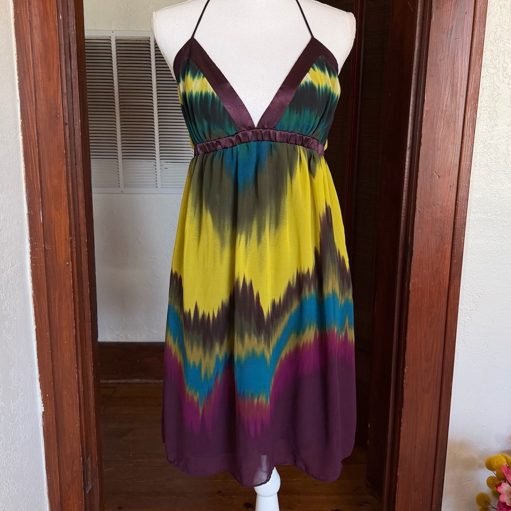 Y2K Babydolll Halter Dress Psychedelic Ikat Print Empire Waist Festival Sz 9/10